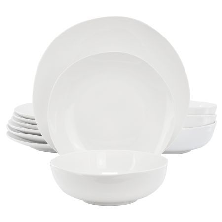 Gibson Home Aspen Drift 12 Piece Organic Round Ceramic Dinnerware Set in White